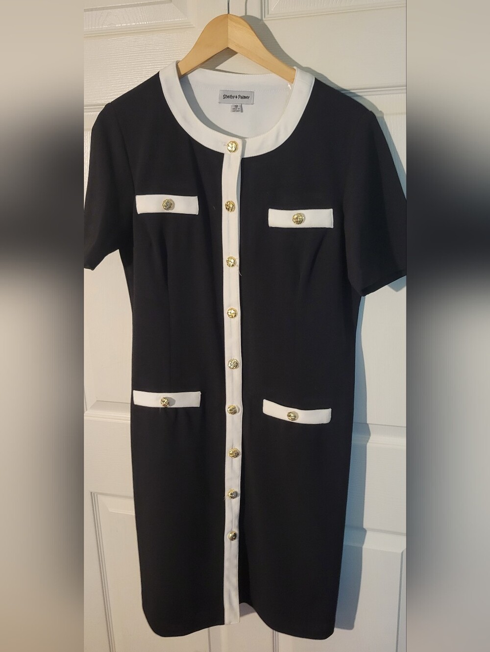 Shelby & Palmer Black Midi Dress with White Trim and Gold Buttons
